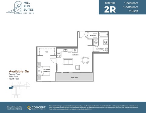 Floor plan for 1 bed, 1 bath, 719 sqft